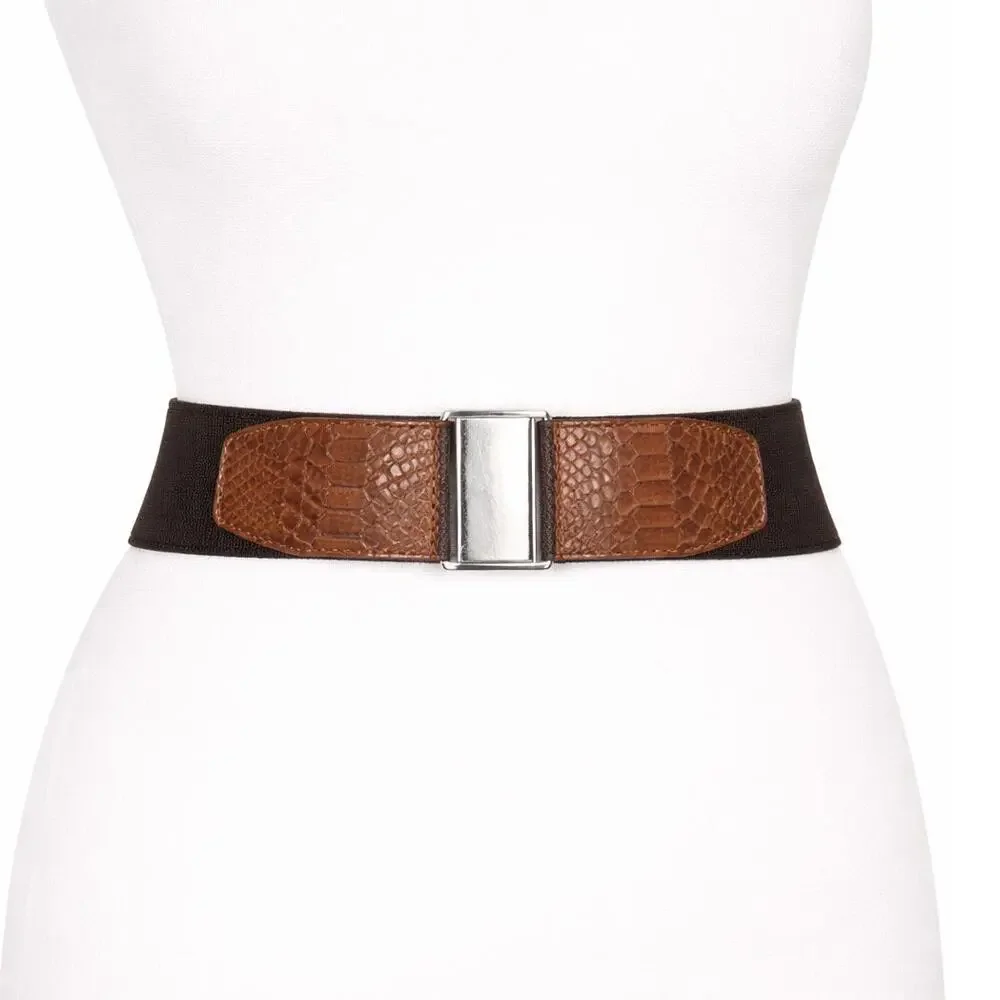Y2K Calvin Klein Stretch Waist Belt Brown Snakeskin Silver L/XL NWT